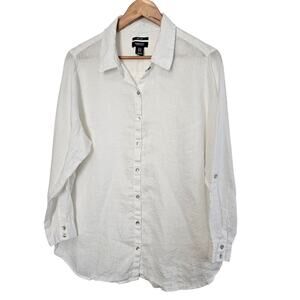 Jones New York Linen Blouse Womens 1X White Button Up Minimalist Resort Casual